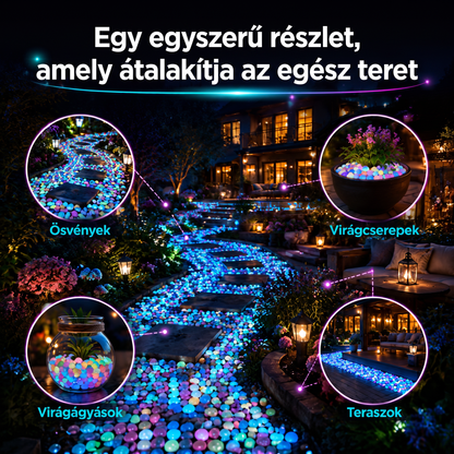 PKNEW® Fényre töltődő világító kerti kövek 👑 – színes éjszakai ragyogás kábelek és elemek nélkül, vízálló dekoráció ösvényekhez, virágcseréphez, ágyásokhoz, teraszhoz és medencék környékére 💎