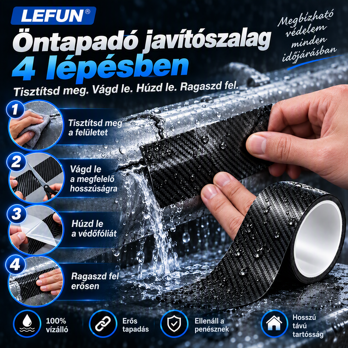 LEFUN® 💧 Extra erős, vízálló szalag – Karbon védőréteg + butil tömítés szivárgás és nedvesség ellen