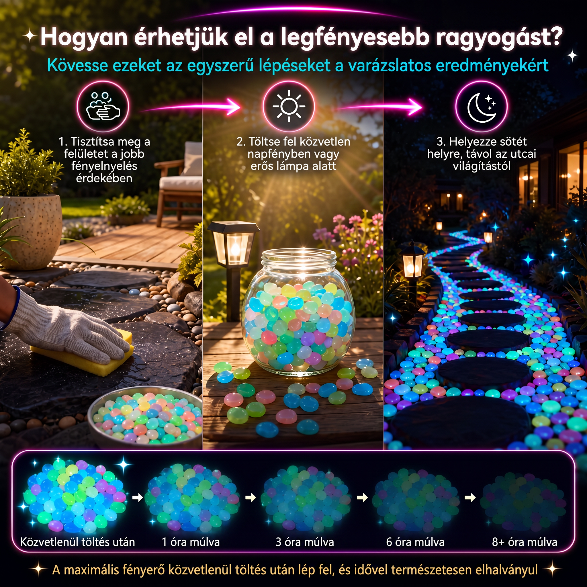 PKNEW® Fényre töltődő világító kerti kövek 👑 – színes éjszakai ragyogás kábelek és elemek nélkül, vízálló dekoráció ösvényekhez, virágcseréphez, ágyásokhoz, teraszhoz és medencék környékére 💎