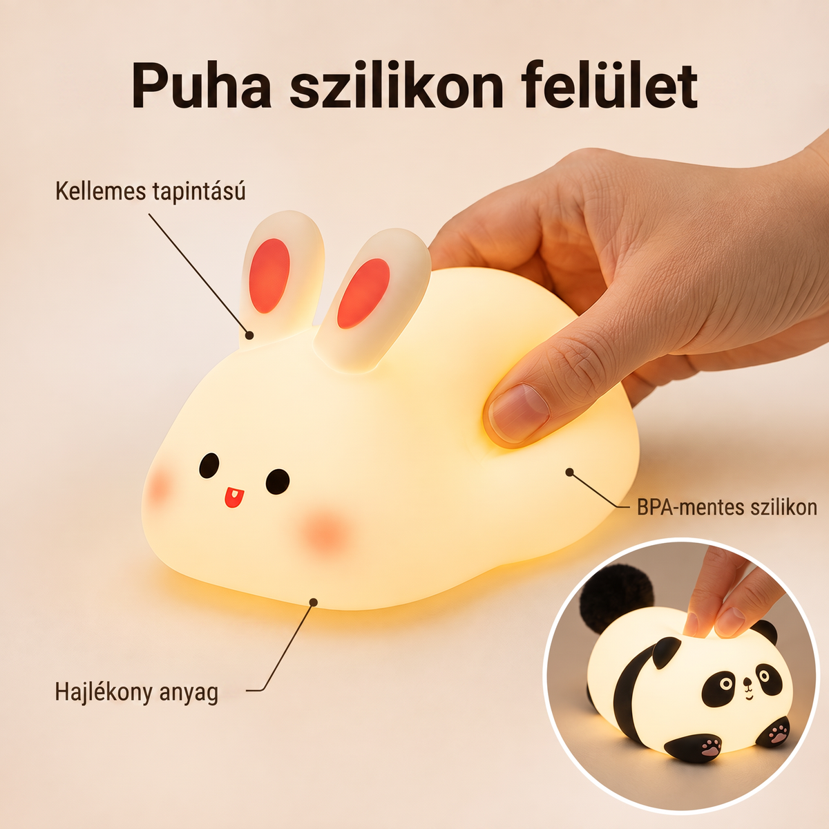 PKNEW® 7 színű érintős szilikon éjszakai lámpa alváshoz 🌙 – Kellemes tapintású, USB-ről tölthető, nyuszi és panda változatban is elérhető 💕