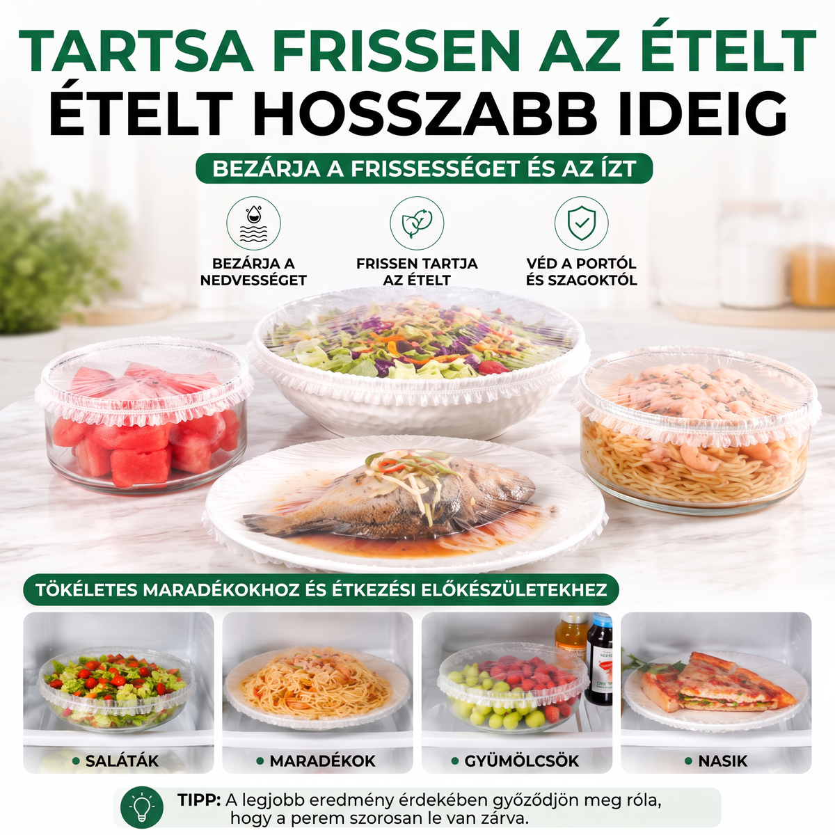 PKNEW® Rugalmas ételtakaró tálakhoz és tányérokhoz 👑 – Nyújtható konyhai védőhuzat maradékokhoz, gyümölcsökhöz, zöldségekhez és mindennapi élelmiszertároláshoz 💎