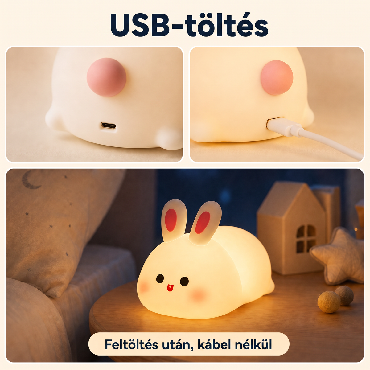 PKNEW® 7 színű érintős szilikon éjszakai lámpa alváshoz 🌙 – Kellemes tapintású, USB-ről tölthető, nyuszi és panda változatban is elérhető 💕