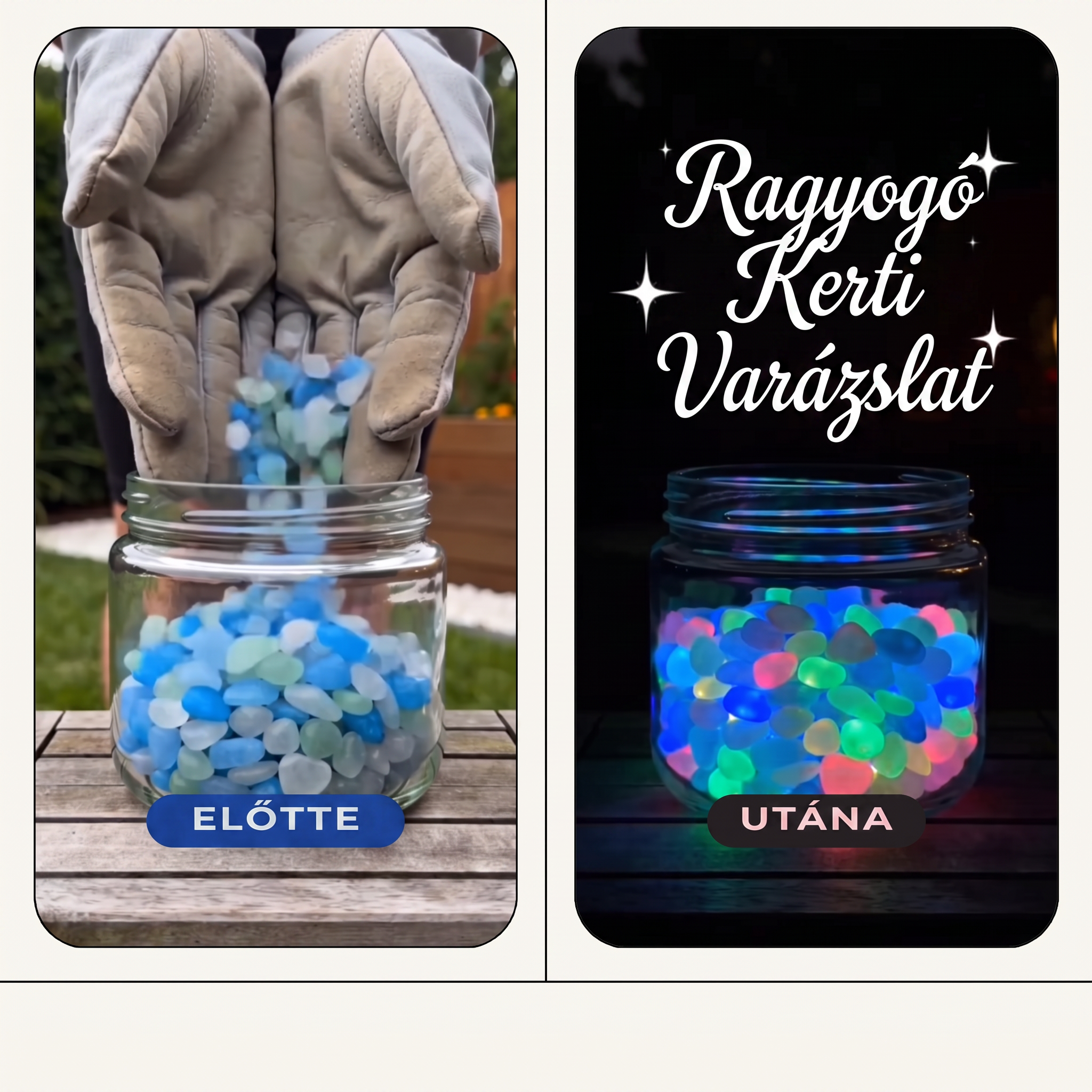 PKNEW® Fényre töltődő világító kerti kövek 👑 – színes éjszakai ragyogás kábelek és elemek nélkül, vízálló dekoráció ösvényekhez, virágcseréphez, ágyásokhoz, teraszhoz és medencék környékére 💎