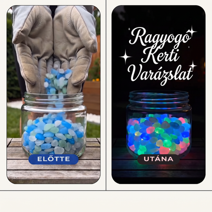 PKNEW® Fényre töltődő világító kerti kövek 👑 – színes éjszakai ragyogás kábelek és elemek nélkül, vízálló dekoráció ösvényekhez, virágcseréphez, ágyásokhoz, teraszhoz és medencék környékére 💎