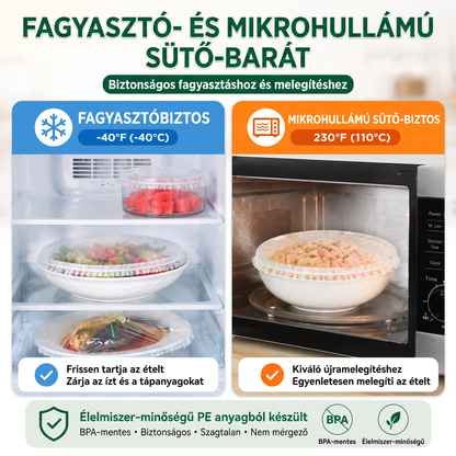 PKNEW® Rugalmas ételtakaró tálakhoz és tányérokhoz 👑 – Nyújtható konyhai védőhuzat maradékokhoz, gyümölcsökhöz, zöldségekhez és mindennapi élelmiszertároláshoz 💎