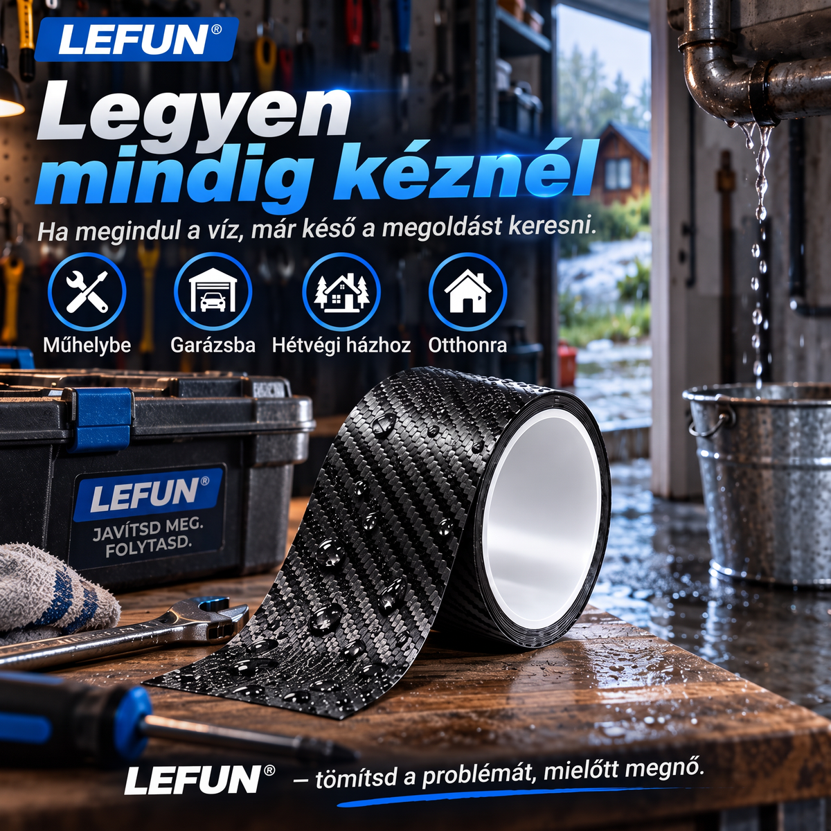 LEFUN® 💧 Extra erős, vízálló szalag – Karbon védőréteg + butil tömítés szivárgás és nedvesség ellen