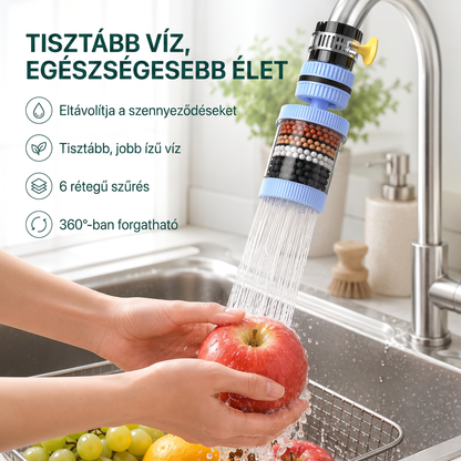 PKNEW® 6 rétegű szűrésű csaptelep vízszűrő 360 fokban forgatható, fröccsenésmentes, konyhai mosogatóhoz gyümölcsök, zöldségek és edények mosásához 🚿