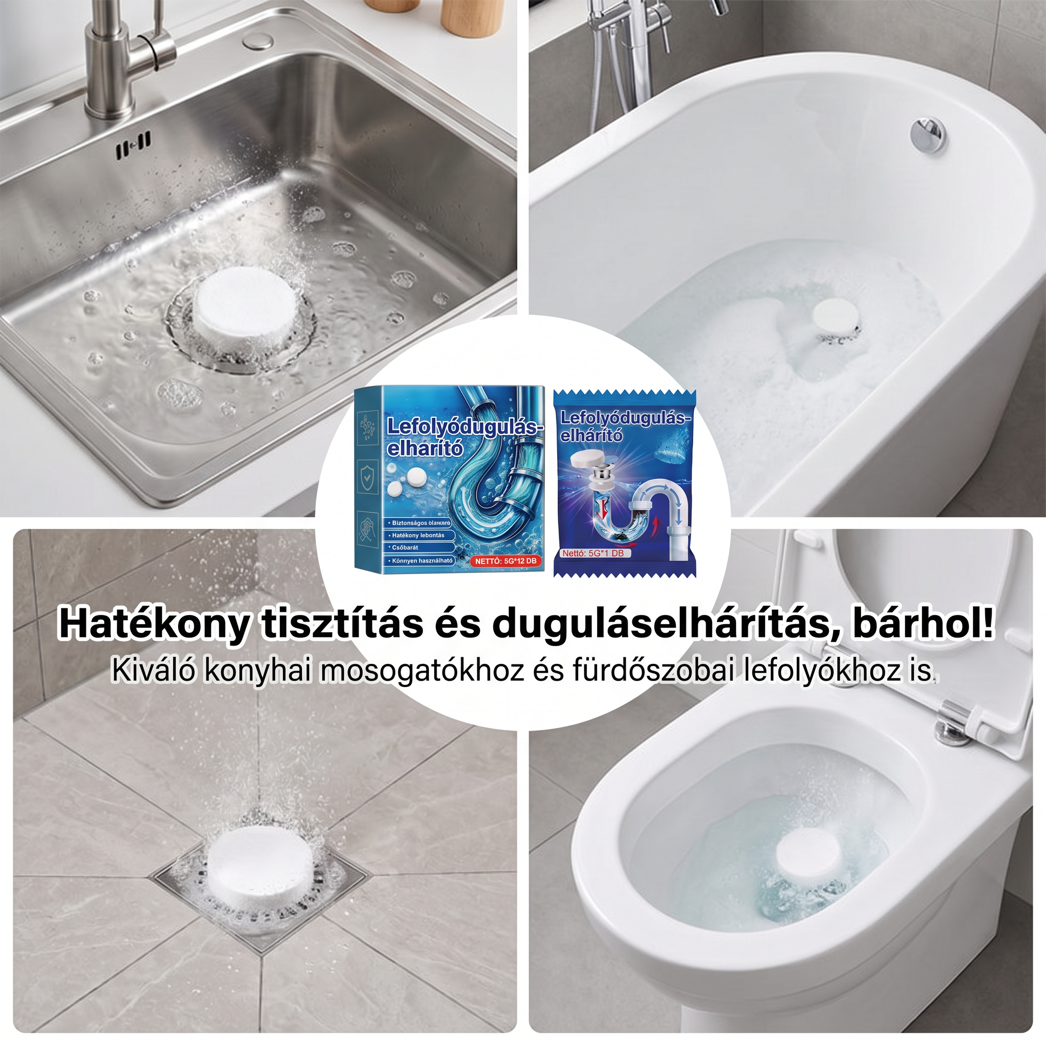PKNEW® Pezsgőtabletta lefolyótisztításhoz és duguláselhárításhoz | Könnyedén eltávolítja a hajat, zsiradékot és szappanmaradványokat 💎