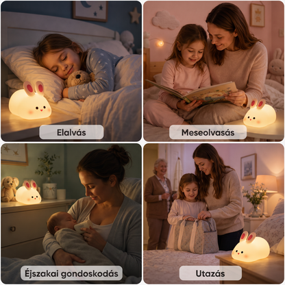 PKNEW® 7 színű érintős szilikon éjszakai lámpa alváshoz 🌙 – Kellemes tapintású, USB-ről tölthető, nyuszi és panda változatban is elérhető 💕