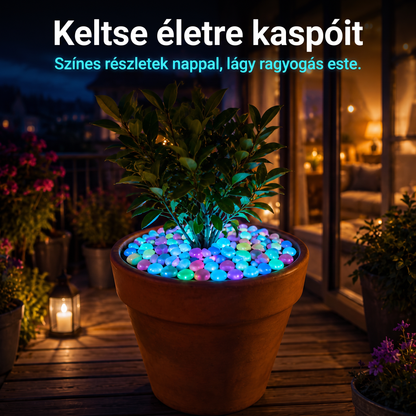 PKNEW® Fényre töltődő világító kerti kövek 👑 – színes éjszakai ragyogás kábelek és elemek nélkül, vízálló dekoráció ösvényekhez, virágcseréphez, ágyásokhoz, teraszhoz és medencék környékére 💎