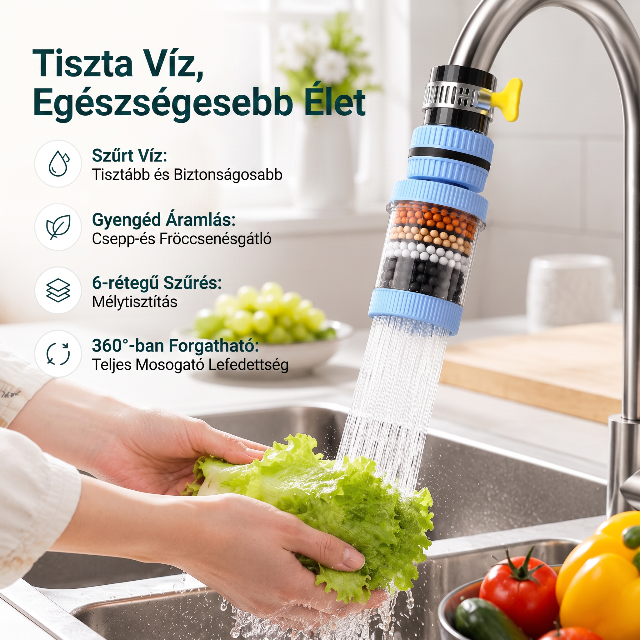 PKNEW® 6 rétegű szűrésű csaptelep vízszűrő 360 fokban forgatható, fröccsenésmentes, konyhai mosogatóhoz gyümölcsök, zöldségek és edények mosásához 🚿