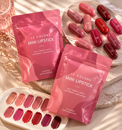 Mini Matte Lipstick Set 12pcs | Long-Lasting Creamy Lip Kit, Rich Nude Pinkish Brown Liquid Lipsticks for Women