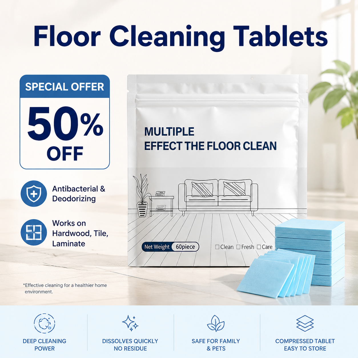 PKNEW® Floor Cleaning Tablets Multi-Surface Cleaner for Hardwood Laminate Tile & RV Walls Antibacterial Deodorization Maintenance