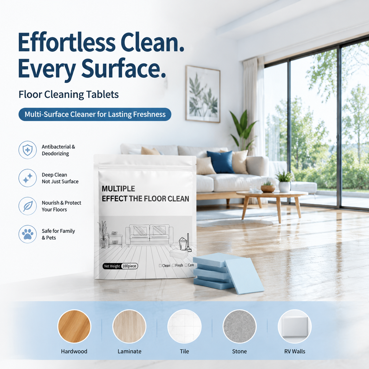 PKNEW® Floor Cleaning Tablets Multi-Surface Cleaner for Hardwood Laminate Tile & RV Walls Antibacterial Deodorization Maintenance